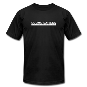A black unisex t-shirt on a transparent body form, featuring the Cuomo Sapiens S.U.D.L.T. graphic in white.