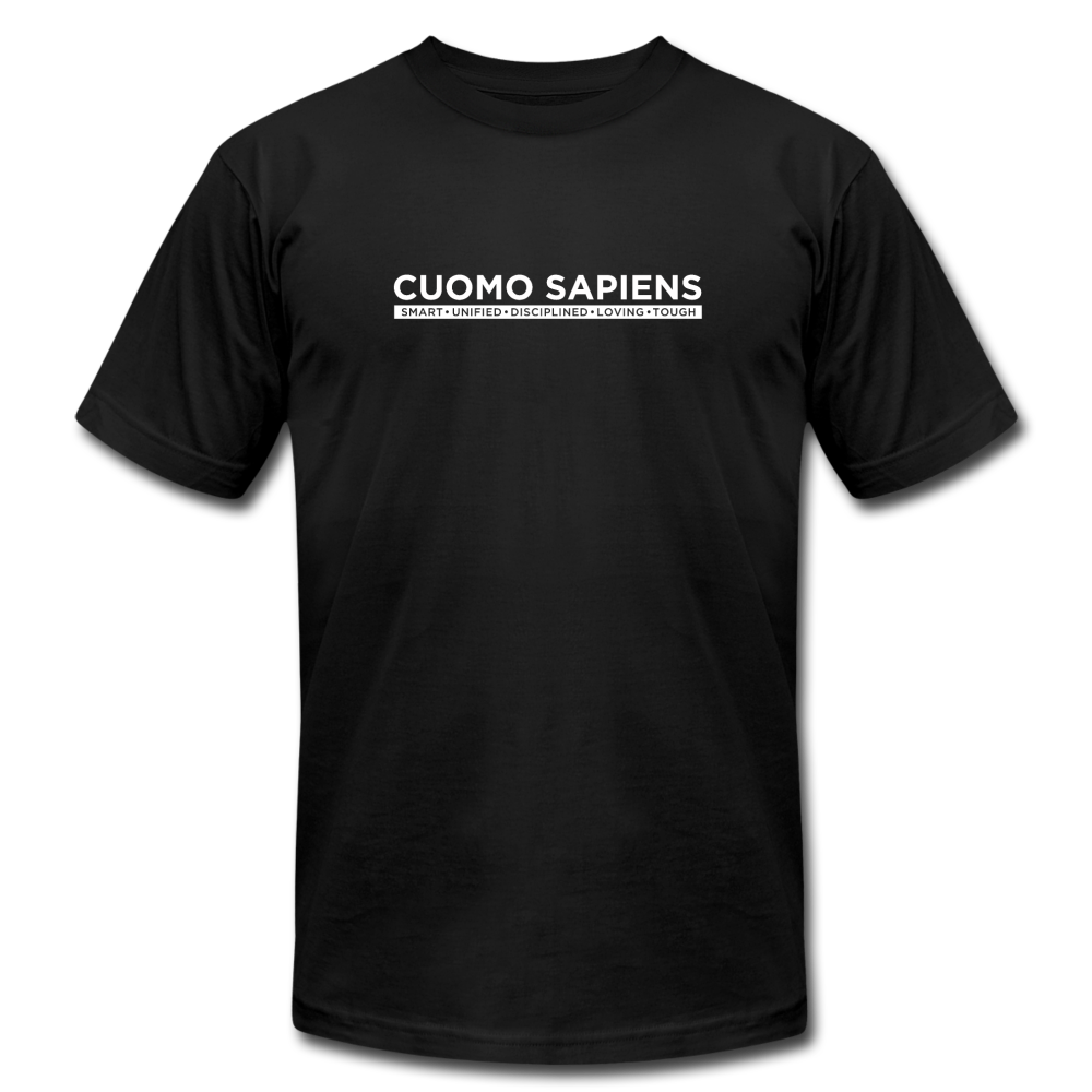 A black unisex t-shirt on a transparent body form, featuring the Cuomo Sapiens S.U.D.L.T. graphic in white.