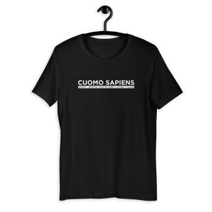 A black unisex t-shirt on a hangar, featuring the Cuomo Sapiens S.U.D.L.T. graphic in white.