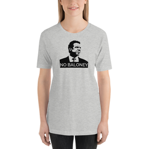 Woman wearing a heather grey unisex t-shirt, featuring the Cuomo Sapiens NO BALONEY graphic in black.