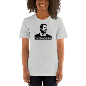 Woman wearing a heather grey unisex t-shirt, featuring the Cuomo Sapiens NO BALONEY graphic in black.