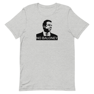 A heather grey unisex t-shirt lying wrinkled on a flat surface, featuring the Cuomo Sapiens NO BALONEY graphic in black.
