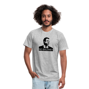 Man wearing a heather grey unisex t-shirt, featuring the Cuomo Sapiens NO BALONEY graphic in black.
