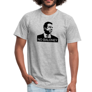 Man wearing a heather grey unisex t-shirt, featuring the Cuomo Sapiens NO BALONEY graphic in black.