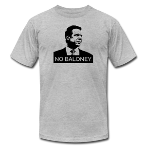 A heather grey unisex t-shirt on a transparent body form, featuring the Cuomo Sapiens NO BALONEY graphic in black.