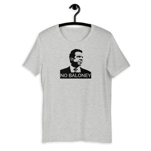 A heather grey unisex t-shirt on a hangar, featuring the Cuomo Sapiens NO BALONEY graphic in black.