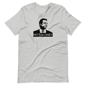 A heather grey unisex t-shirt lying wrinkled on a flat surface, featuring the Cuomo Sapiens NO BALONEY graphic in black.
