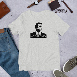 A heather grey unisex t-shirt on a flat surface, featuring the Cuomo Sapiens NO BALONEY graphic in black.