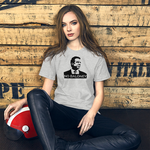 Woman with a scooter helmet next to some crates, wearing a heather grey unisex t-shirt, featuring the Cuomo Sapiens NO BALONEY graphic in black.