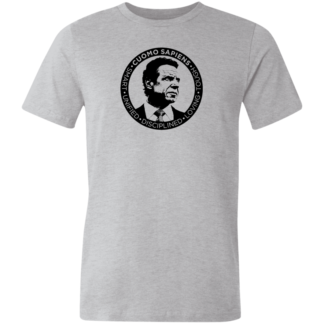 A heather grey unisex t-shirt on a transparent body form, featuring the Cuomo Sapiens S.U.D.L.T. SEAL graphic in black.