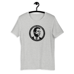 A heather grey unisex t-shirt on a hangar, featuring the Cuomo Sapiens S.U.D.L.T. SEAL graphic in black.