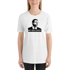 Woman wearing a white unisex t-shirt, featuring the Cuomo Sapiens NO BALONEY graphic in black.