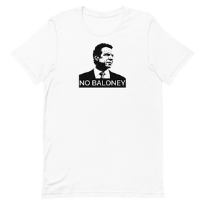 A white unisex t-shirt on a flat surface, featuring the Cuomo Sapiens NO BALONEY graphic in black.