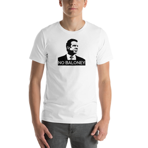 Man wearing a white unisex t-shirt, featuring the Cuomo Sapiens NO BALONEY graphic in black.