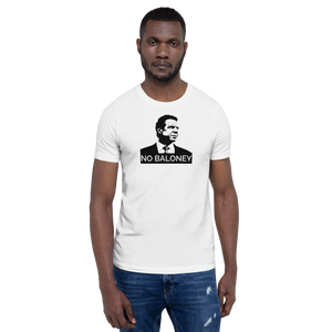 Man wearing a white unisex t-shirt, featuring the Cuomo Sapiens NO BALONEY graphic in black.