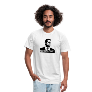 Man wearing a white unisex t-shirt, featuring the Cuomo Sapiens NO BALONEY graphic in black.