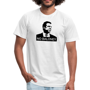 Man wearing a white unisex t-shirt, featuring the Cuomo Sapiens NO BALONEY graphic in black.