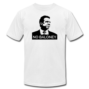 A white unisex t-shirt on a transparent body form, featuring the Cuomo Sapiens NO BALONEY graphic in black.