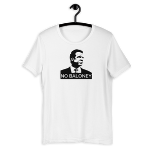 A white unisex t-shirt on a hangar, featuring the Cuomo Sapiens NO BALONEY graphic in black.