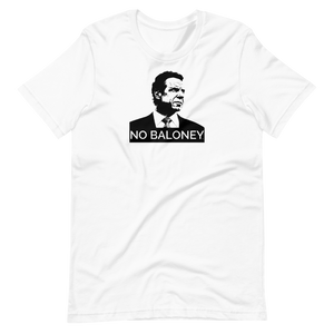 A white unisex t-shirt lying wrinkled on a flat surface, featuring the Cuomo Sapiens NO BALONEY graphic in black.
