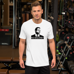 Man at the gym, wearing a white unisex t-shirt, featuring the Cuomo Sapiens NO BALONEY graphic in black.