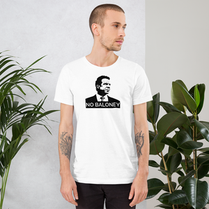 Man standing next to some plants, wearing a white unisex t-shirt, featuring the Cuomo Sapiens NO BALONEY graphic in black.