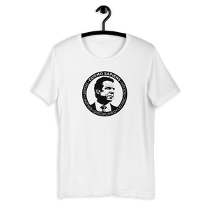 A white unisex t-shirt on a hangar, featuring the Cuomo Sapiens S.U.D.L.T. SEAL graphic in black.