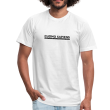 Load image into Gallery viewer, Man wearing a white unisex t-shirt, featuring the Cuomo Sapiens S.U.D.L.T. graphic in black.
