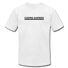 Load image into Gallery viewer, A white unisex t-shirt on a transparent body form, featuring the Cuomo Sapiens S.U.D.L.T. graphic in black.
