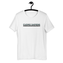 Load image into Gallery viewer, A white unisex t-shirt on a hangar, featuring the Cuomo Sapiens S.U.D.L.T. graphic in black.
