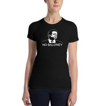 Load image into Gallery viewer, Woman wearing a premium slim-fit t-shirt, in black, featuring the Cuomo Sapiens NO BALONEY graphic in white.
