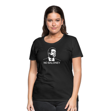 Load image into Gallery viewer, A curvy woman wearing a premium slim-fit t-shirt, in black, featuring the Cuomo Sapiens NO BALONEY graphic in white.
