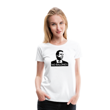 Load image into Gallery viewer, Woman wearing a premium slim-fit t-shirt, in white, featuring the Cuomo Sapiens NO BALONEY graphic in black.

